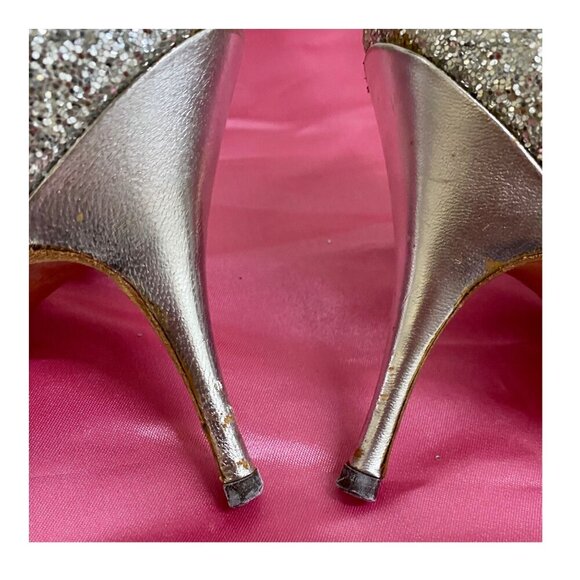 Vintage 1950s Schiaparelli Silver Glitter Pumps w/ Bow & Rhinestone Sz 10 3A - Picture 5 of 8